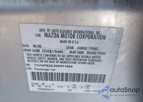 2009 Mazda Mazda6 I Touring z USA, uszkodzony, nr VIN 1YVHP82A395M11664